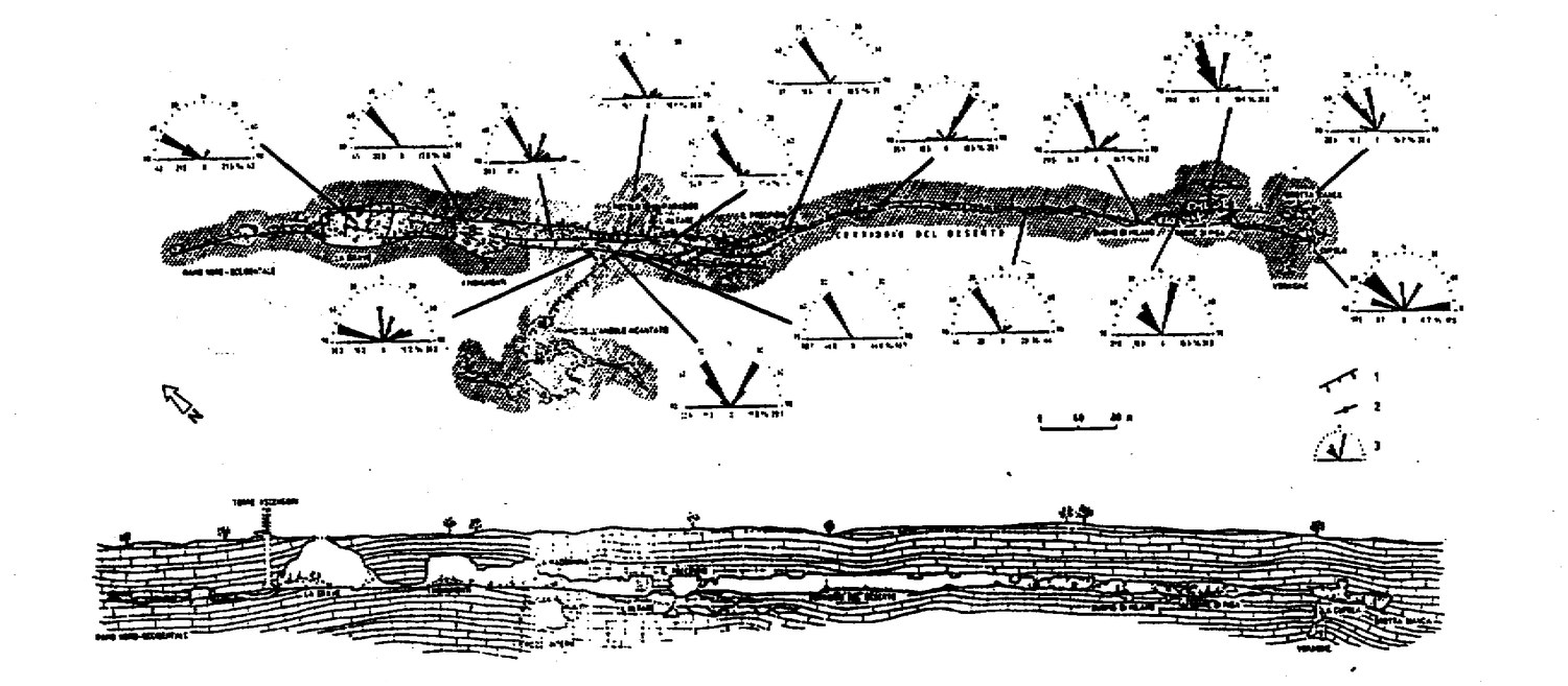 Fig. 1 - Assetto tettonico-strutturale delle Grotte di Castellana: planimetria e sezione con faglie dirette, ubicazione e azimut delle stazioni di ripresa fotografica, diagrammi a rosetta delle discontinuità
