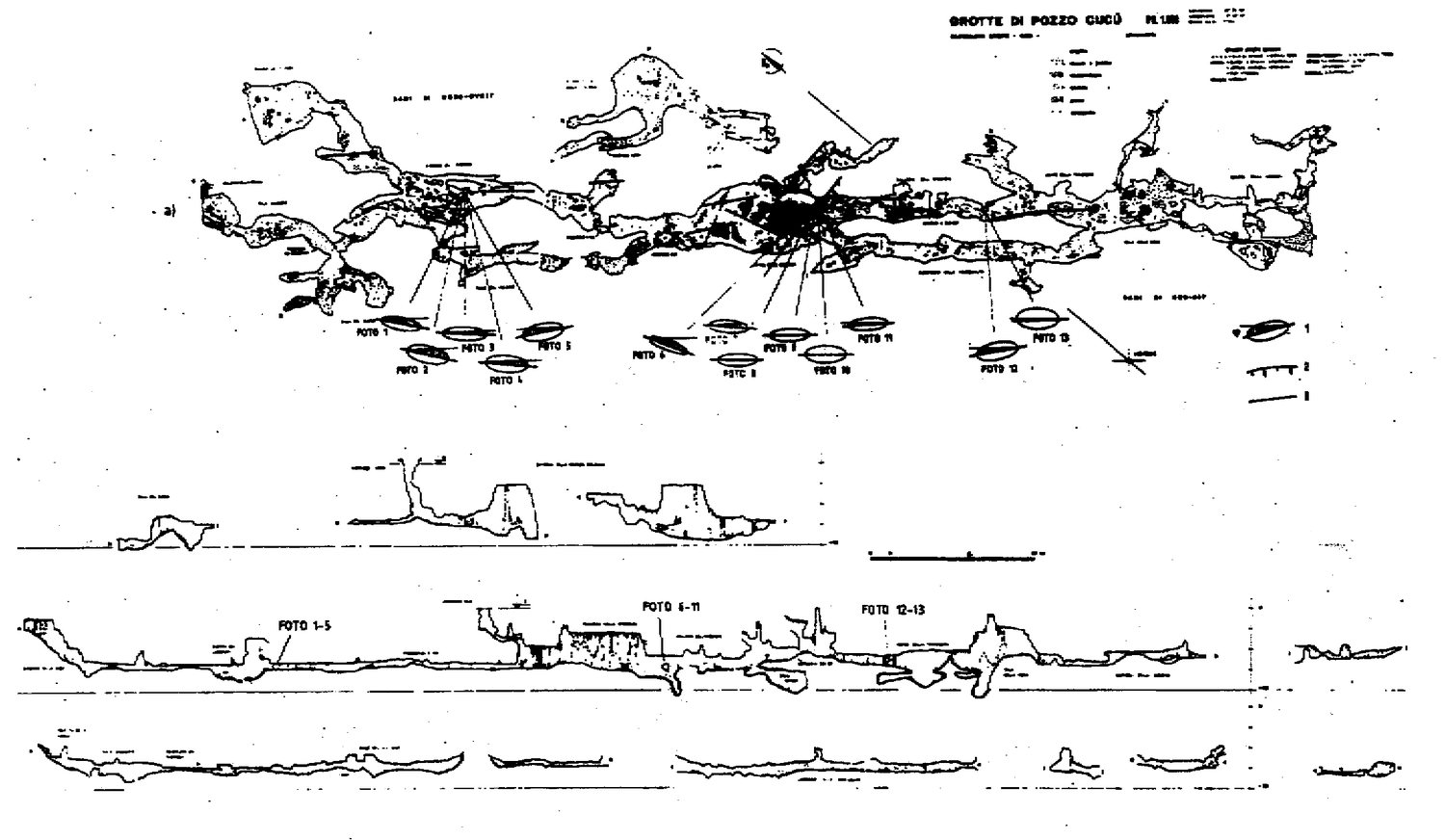 Fig. 2 - Grotte di Pozzo Cucù: ubicazione delle riprese fotografiche degli scallops e sezioni schematiche delle grotte