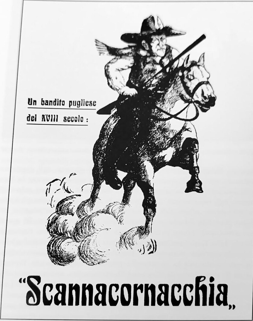Scannacornacchia a cavallo, disegno dalla copertina del libro «Un bandito pugliese del XVIII secolo» di Michele Viterbo
