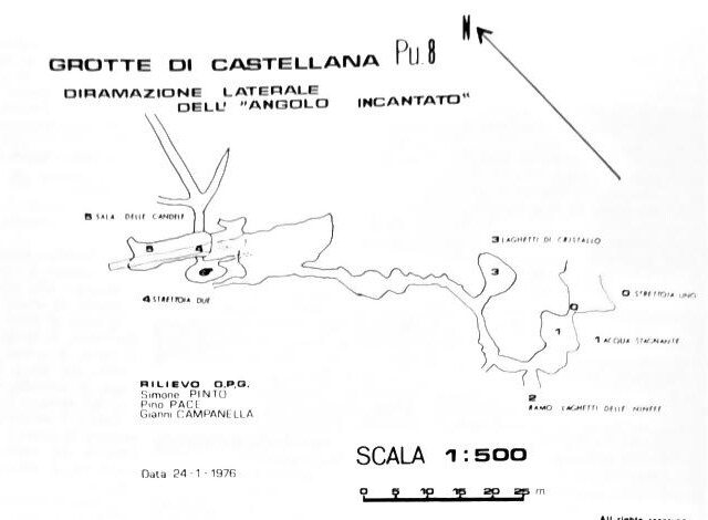 Rilievo: Grotte di Castellana Pu 8, diramazione laterale dell'Angolo Incantato, scala 1:500. Rilievo G.P.G. di Simone Pinto, Pino Pace e Gianni Campanella, 24 gennaio 1976. Sono indicate la Sala delle Candele, la Strettoia Due, i Laghetti di Cristallo, la Strettoia Uno, l'acqua stagnante e il Ramo Laghetti delle Ninfee