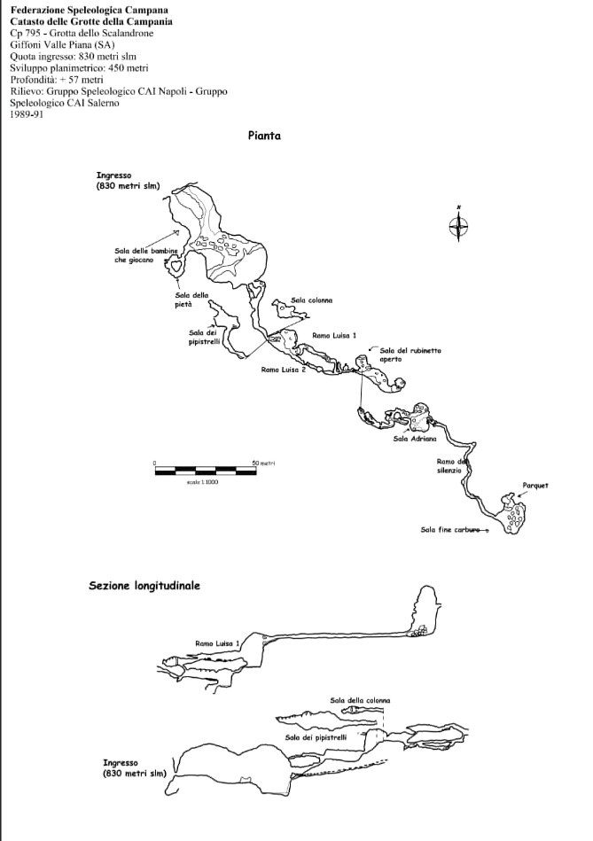 Rilievo della Grotta dello Scalandrone (Cp 795), pianta e sezione longitudinale